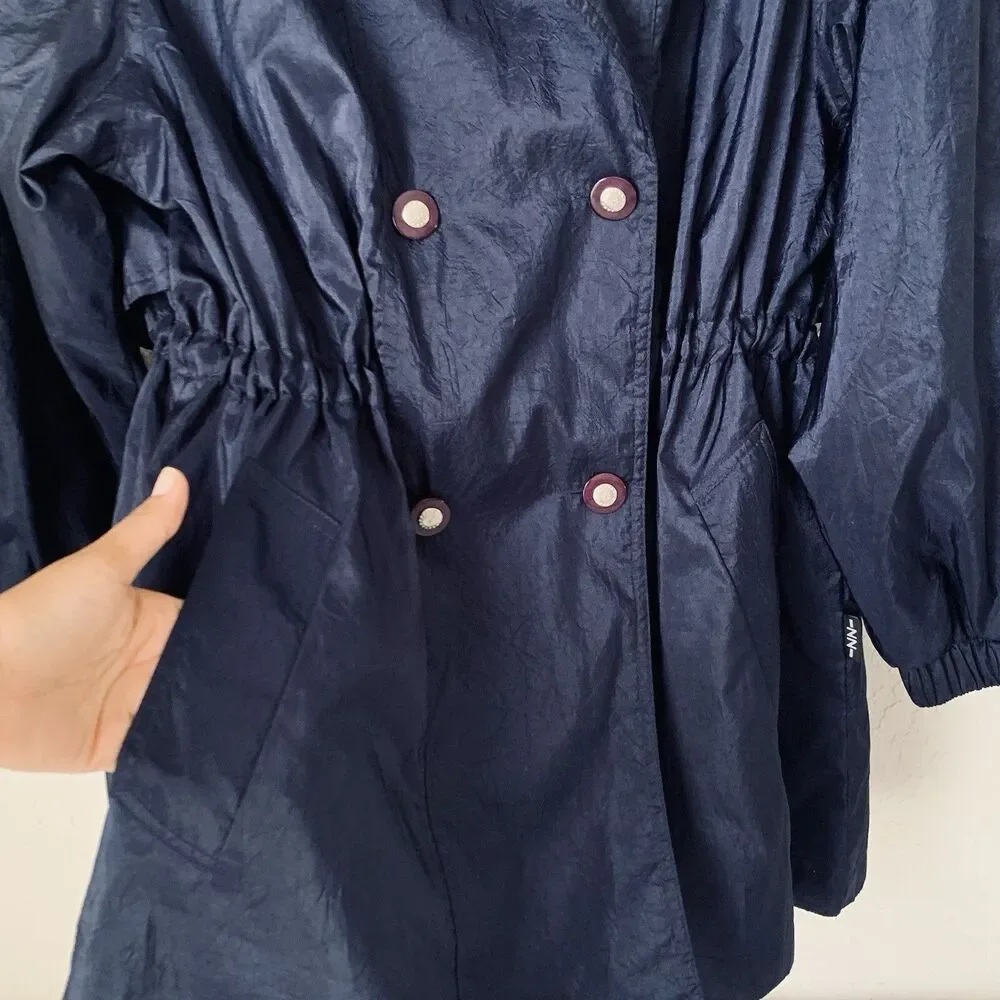 Vintage Izzi Activewear Jacket Women M Navy Blue Windbreaker Hood Cinch Waist 90